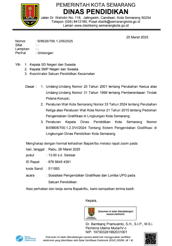 Undangan Sosialisasi Pengendalian Gratifikasi dan Lomba UPG pada Satuan Pendidikan